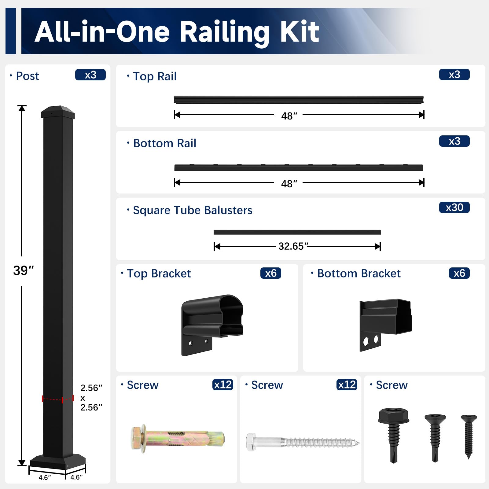 Egadis 3 Pack 36 in. H x 4 ft. W Porch and Deck Railing Kit, Aluminum Railing Kit, Black Textured AAMA 2604 Powder-Coat Finish Rail System for Outdoor Decks, Porches & Balconies(3 Post, 3 Panel) - Image 6