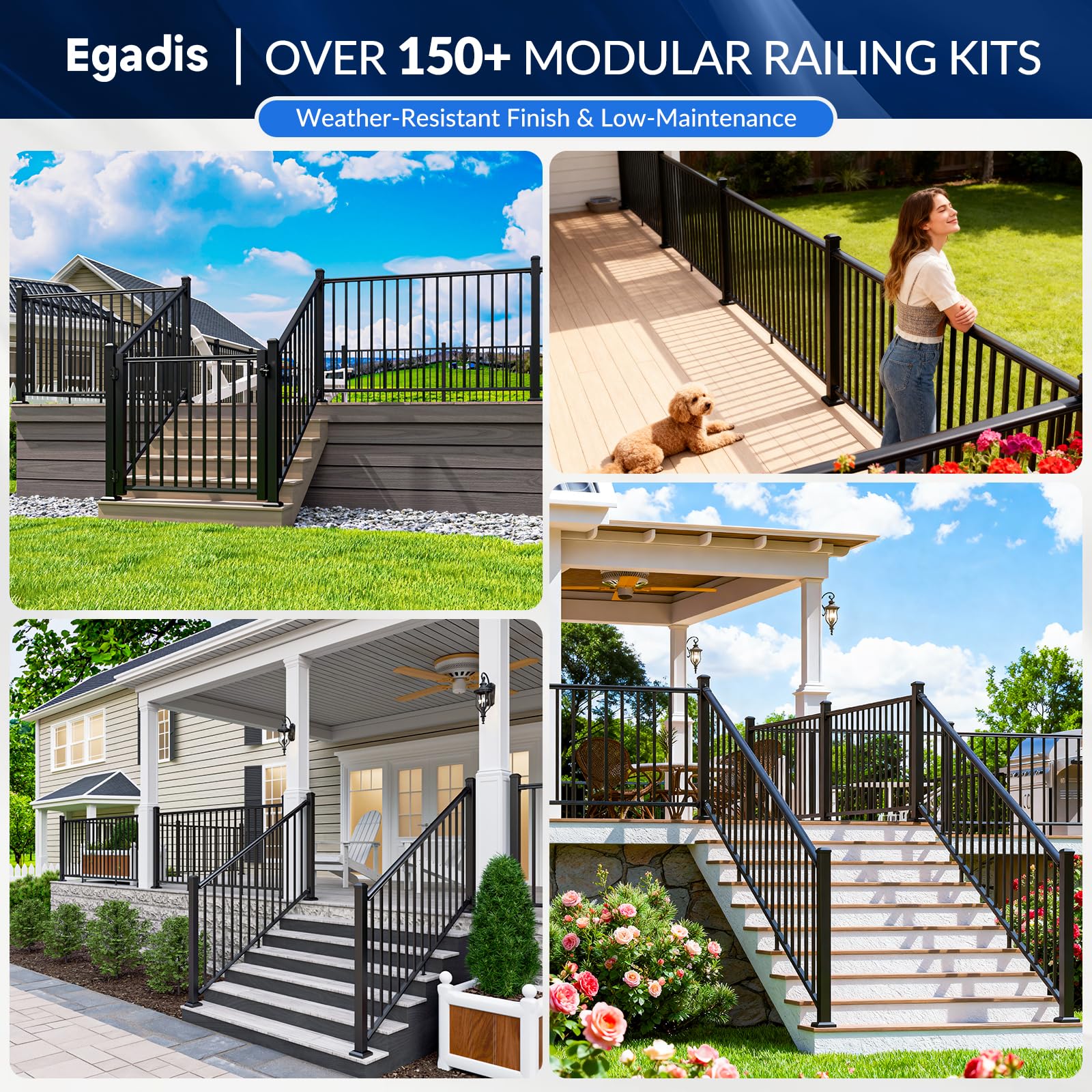 Egadis 36 in. H x 2 ft. W Porch and Deck Railing Kit, Aluminum Railing Kit, Textured AAMA 2604 Powder-Coat Finish Modular Rail System for Outdoor Decks, Porches & Balconies (1 Post, 1 Panel) - Image 4